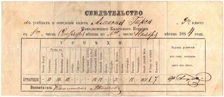 Свидетельство (табель) об успехах и поведении кадета Николаевского кадетского корпуса Алексея Гирса, 1884 год, Российская Империя.